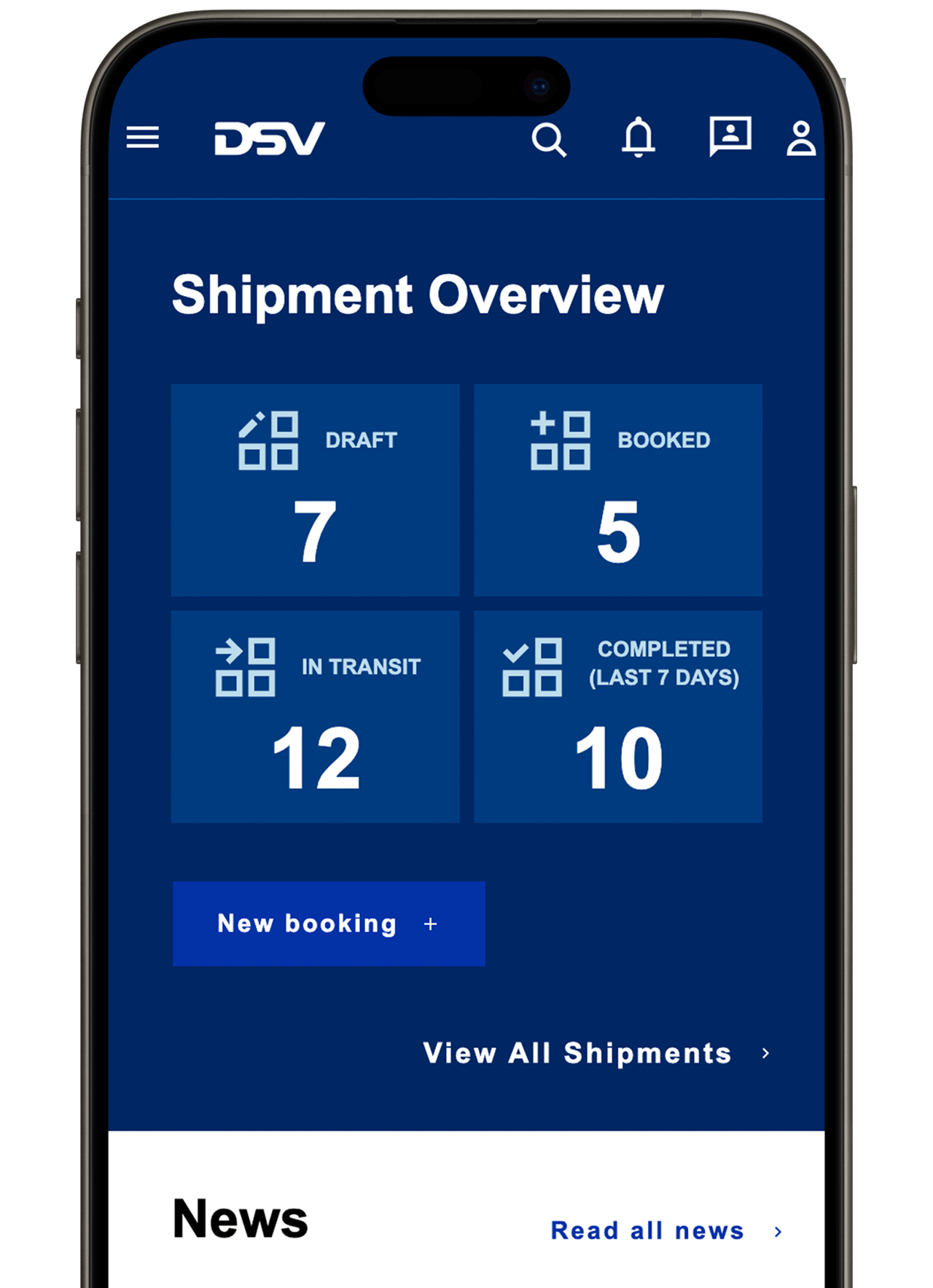 A smartphone displays the myDSV shipment tracking platform.